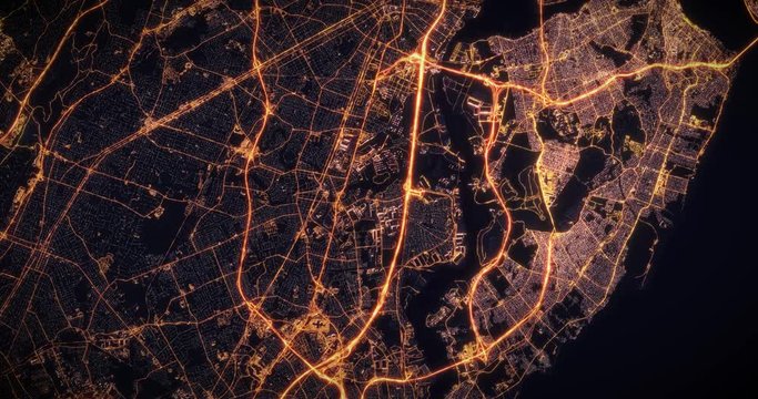 Aerial night view of city of New York, USA. Traffic and street light glowing. Camera flying high above, moving around city from space filming cinematic straight down. 3d animation rendering.