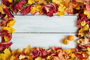 Frame from autumn leaves with pumplin on wooden background. Thanksgiving and Halloween concept. View from above. Top view. Copy space for text and design