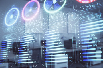 Business theme drawing with office interior background. Double exposure. Concept of success.