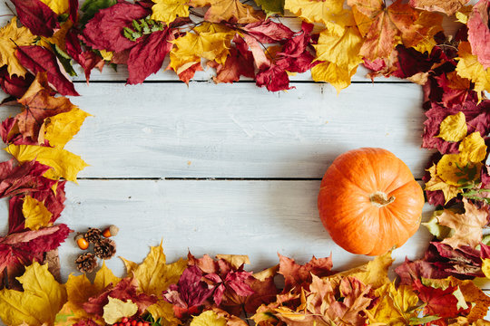 Frame from autumn leaves with pumplin on wooden background. Thanksgiving and Halloween concept. View from above. Top view. Copy space for text and design