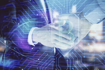 Double exposure of crypto economy theme drawing on cityscape background with handshake. Concept of partnership and blockchain