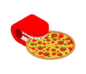 Mouth eating pizza isolated. Fast food vector illustration 