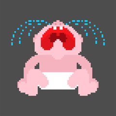 Crying baby pixel art. 8 bit Little child cry. vector illustration