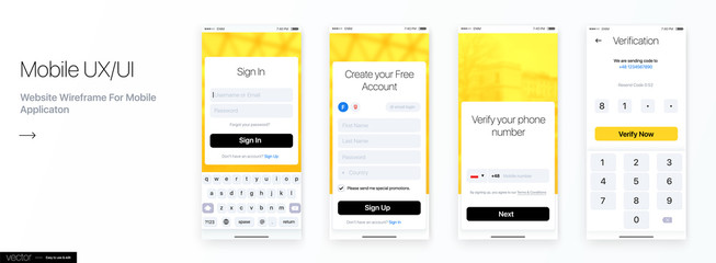 Design of the Mobile Application, UI, UX. Set of GUI Screens with Login and Password input, and Phone Verification