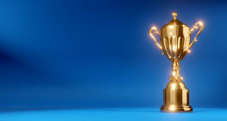Shiny gold trophy on a blue background, 3D render illustration