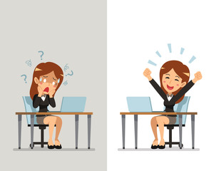 Cartoon businesswoman expressing different emotions for design.