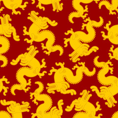Gold Chinese dragon pattern seamless. Golden japanese mythical monster background . National folk beast texture. vector ornament