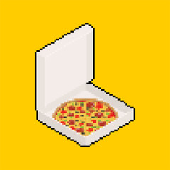 Pizza in box open pixel art. 8 bit Fastfood vector illustration