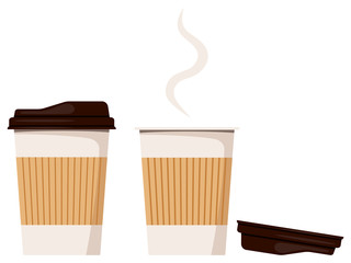 Disposable kraft brown, white paper closed and opened hot coffee cup,lies nearby lid icon isolated on white background.