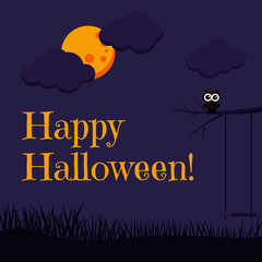 Beautiful cartoon style Happy Halloween card black cute owl sitting on tree branch, full moon, clouds, swing, grass.