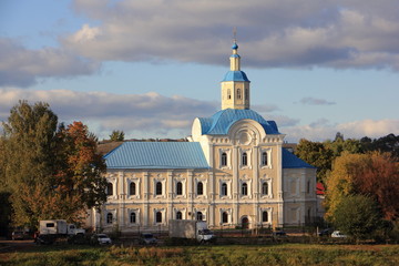 Smolensk, Russia, St. Nicholas Church, close up view from Dnieper river shore in autumn sunny day on blue sky background