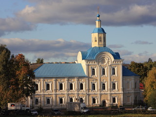 Smolensk, Russia, Church of St. Nicholas, close up view from the Dnieper river embankment in autumn sunny evening on blue sky background