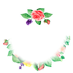 Watercolor composition of rose buds, lavender and pink bow. Delicate floral bouquet for decoration of cards, invitations or letters of thanks.