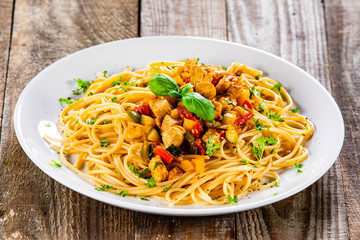 Pasta with meat, sauce and vegetables