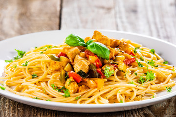 Pasta with meat, sauce and vegetables