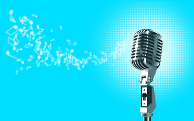 Retro microphone isolated in blue background with tones