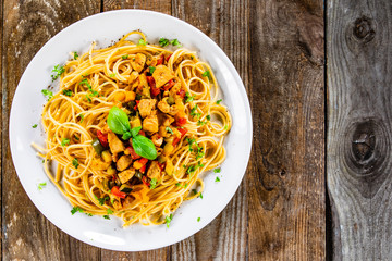 Pasta with meat, sauce and vegetables