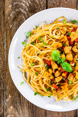 Pasta with meat, sauce and vegetables
