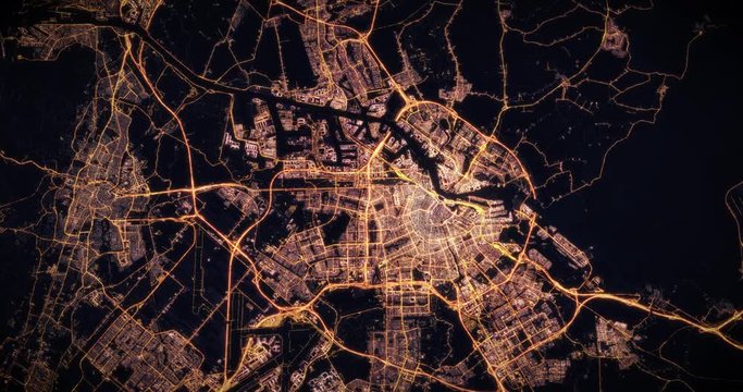 Aerial night view of city of New York, USA. Traffic and street light glowing. Camera flying high above, moving closer and rotating from space filming cinematic straight down. 3d animation rendering.