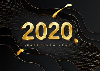 Happy New 2020 Year. Vector holiday illustration. Golden numbers on black background textured with shimmering glitters. Halftone glowing pattern. Christmas holiday greeting card on black background