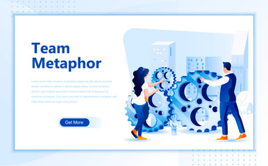 Team metaphor flat web page design template of homepage or header images decorated people for website and mobile website development. Flat landing page template. Vector illustration.