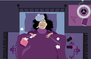 Sick woman laying in bed with a thermometer and tissues, having a fever, EPS 8 vector illustration
