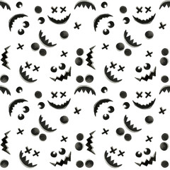Halloween horror scary face expressions pattern in black and white ink illustration watercolor