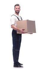 man in workwear with cardboard box isolated on white background