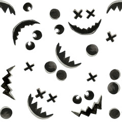 Halloween horror scary face expressions pattern in black and white ink illustration watercolor