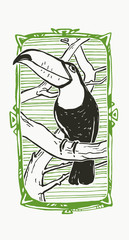 Vector hand drawn illustration with toucan in linocut style isolated on white. Tropical bird on tree branch in ornamental tribal frame for print. Animals of South America © mashikomo