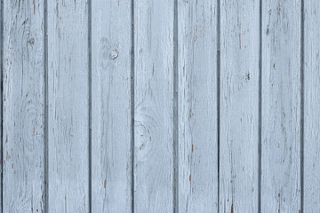 Vertical wood siding covered by old cracked and peeling off light blue color paint 