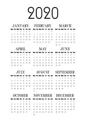 2020 Calendar vector template. All months on one vertical format. A4 Calendar template with elegant type