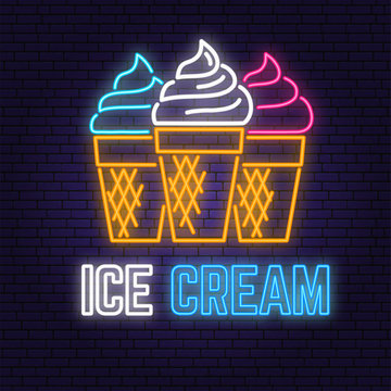 Neon ice cream retro sign on brick wall background. Design for cafe, restaurant. Vector. Neon design for pub or fast food business. Light sign banner. Glass tube.