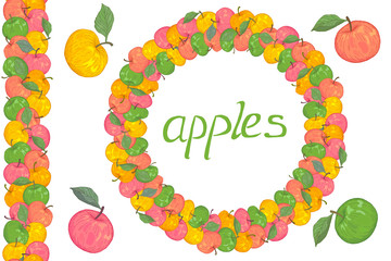Seamless border, endless frame of hand drawn apples red green yellow with lettering vector illustration