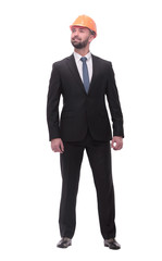 side view.businessman in helmet looking at copy space.