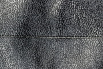 Abstract genuine black leather texture background with stitch. Close up view with copy space