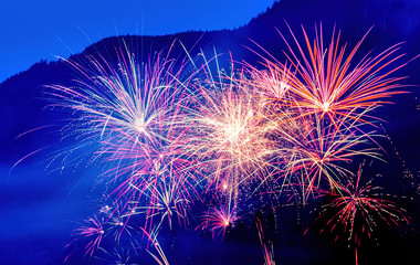 Fuochi d'artificio colorati nella notte, scoppiettanti e divertenti