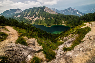 Fototapeta na wymiar Lake Steirersee in Austrian Alps near Tauplitzalm, Bad Mitterndorf village