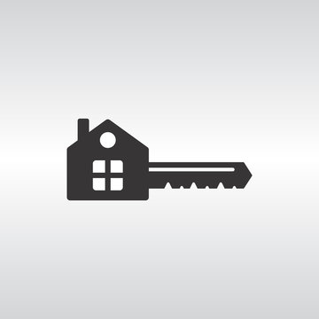 Key Icon With A Base In The Shape Of A House Isolated On White Background Vector Illustration. Symbol, Concept Of Mortgage, Rental Housing, Apartment, Home. Can Be Used For Logo, Advertising