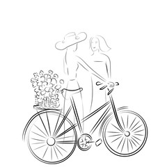 A lady is talking to another and holding a bicycle with flowers in a basket.