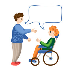 Man with disabled friend illustration. Two men speaking with text bubble. Inclusive communication vector scene