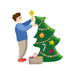 Christmas tree decorated by smiling man. Christmas or New Year vector illustration. Happy person decorate Christmas tree.