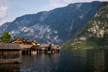 Fototapeta na wymiar Touristic destination with wooden houses in Hallstatt, Austria, Central Europe