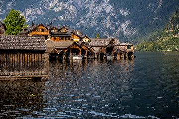 Fototapeta premium Touristic destination with wooden houses in Hallstatt, Austria, Central Europe
