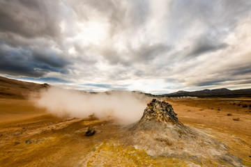 Scenery cloudy landscape of Hverir area with big fumarole