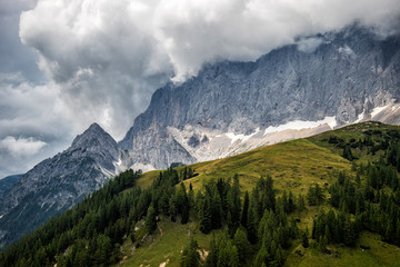 Fototapeta na wymiar Dramatic clouds over the Dachstein mountains, Alps in Austria