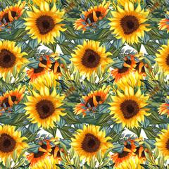 Fototapeta na wymiar Sunflower seamless pattern. Sunflower fabric background. Big bright sunflower flowers hand drawn with leaves in watercolor.
