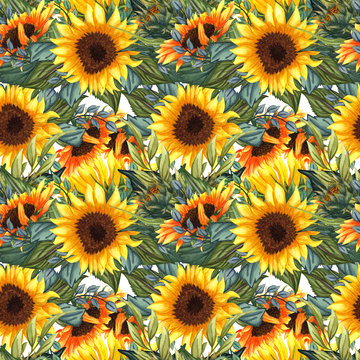 Sunflower seamless pattern. Sunflower fabric background.  Big bright sunflower flowers hand drawn with leaves in watercolor.