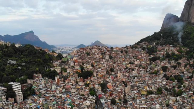 Drone Aerial view of Rocinha. Brazil's largest favela. Rio de Janeiro. Brazil 