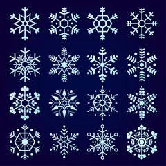 Fototapeta na wymiar Vector set of snowflakes on a blue background. Flat snow icon, snow flakes silhouette. Handwriting snowflakes for christmas banner, cards.